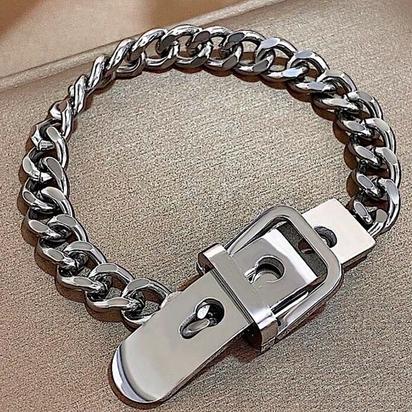 Belt Buckle Silver Chain Bracelet Stainless Steel - Picture 1 of 8
